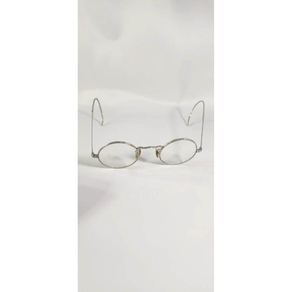 Antique Round Wire Rim Spectacles Silver Tone Cable Temple Glasses with Case